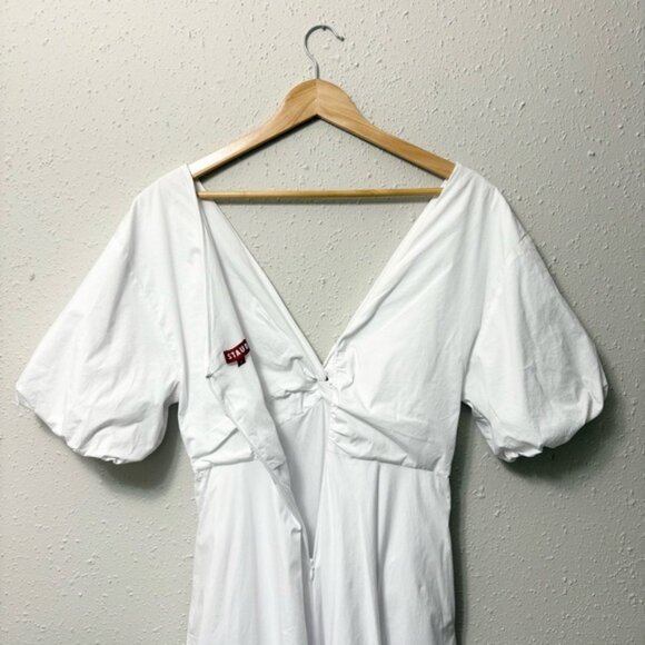 STAUD Finely Twisted Front Midi Dress Classic White V-Neck Puff Sleeve, Size 8 - Picture 10 of 14